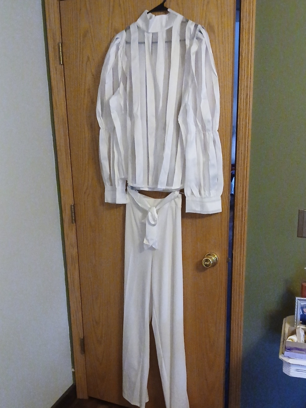 Sheer Cream Striped Blouse with Cream High-Waist Tie Pants